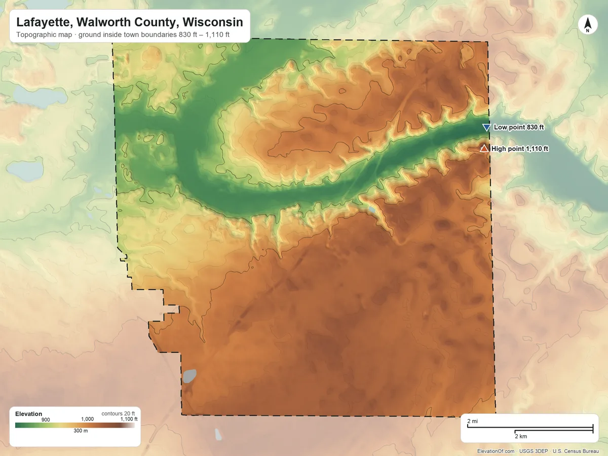 Topographic elevation map of Lafayette, Walworth County, Wisconsin, shaded from 830 ft on the east side to 1,110 ft on the east side