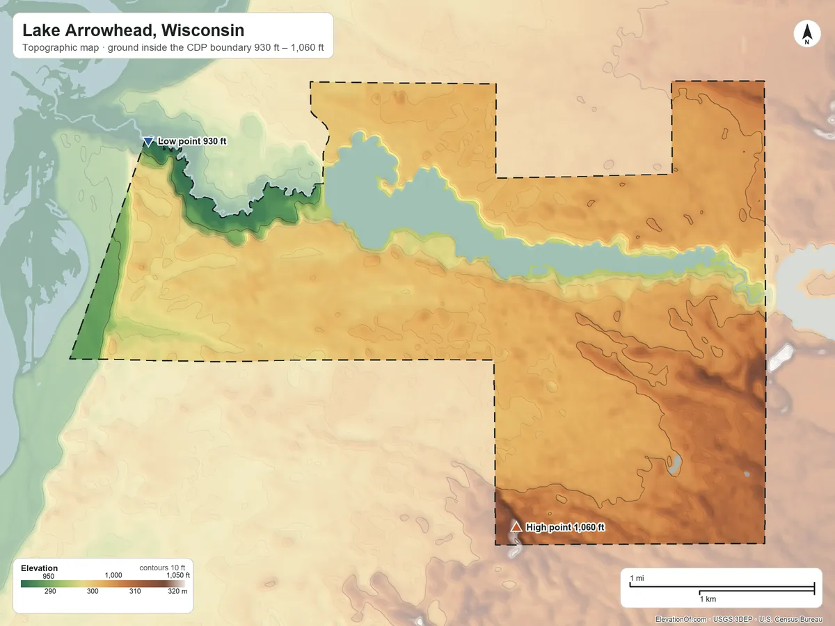 Topographic elevation map of Lake Arrowhead, Wisconsin, shaded from 930 ft on the northwest side to 1,060 ft on the south side