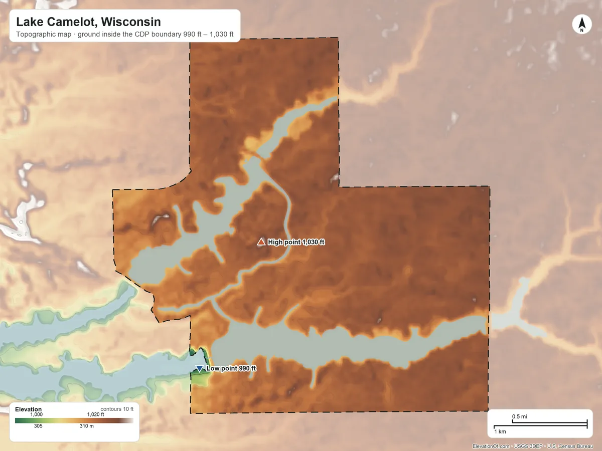 Topographic elevation map of Lake Camelot, Wisconsin, shaded from 990 ft on the southwest side to 1,030 ft near the middle