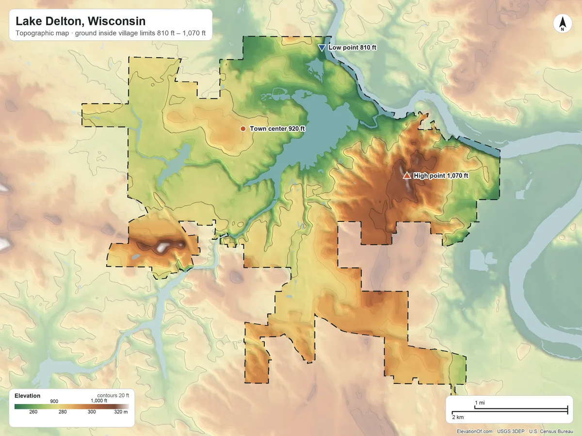 Topographic elevation map of Lake Delton, Wisconsin, shaded from 810 ft on the northeast side to 1,070 ft on the east side