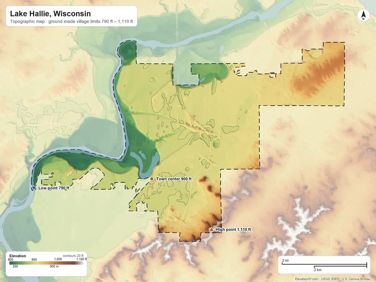 Topographic elevation map of Lake Hallie, Wisconsin, shaded from 790 ft on the west side to 1,110 ft on the southeast side
