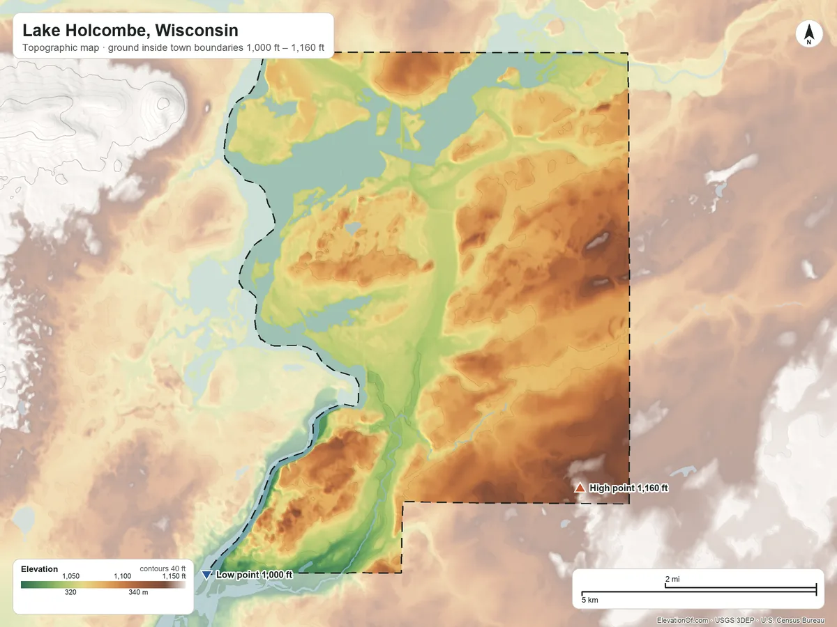 Topographic elevation map of Lake Holcombe, Wisconsin, shaded from 1,000 ft on the southwest side to 1,160 ft on the southeast side