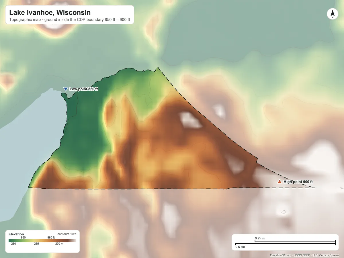 Topographic elevation map of Lake Ivanhoe, Wisconsin, shaded from 850 ft on the northwest side to 900 ft on the east side