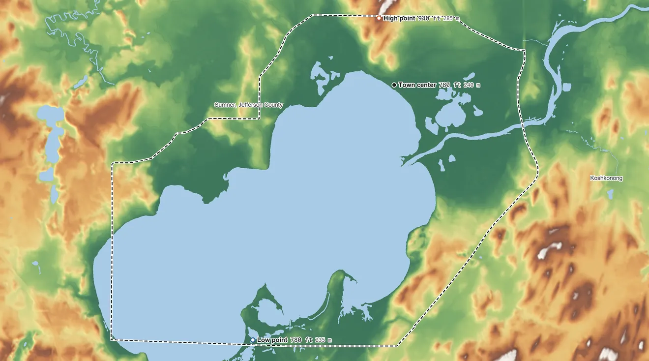 Topographic elevation map of Lake Koshkonong, Wisconsin, shaded from 780 ft on the southwest side to 940 ft on the north side