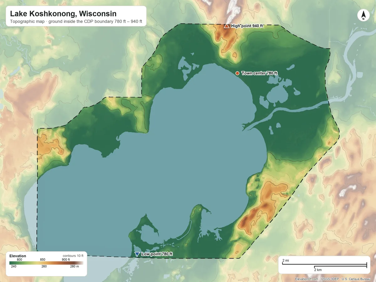 Topographic elevation map of Lake Koshkonong, Wisconsin, shaded from 780 ft on the southwest side to 940 ft on the north side