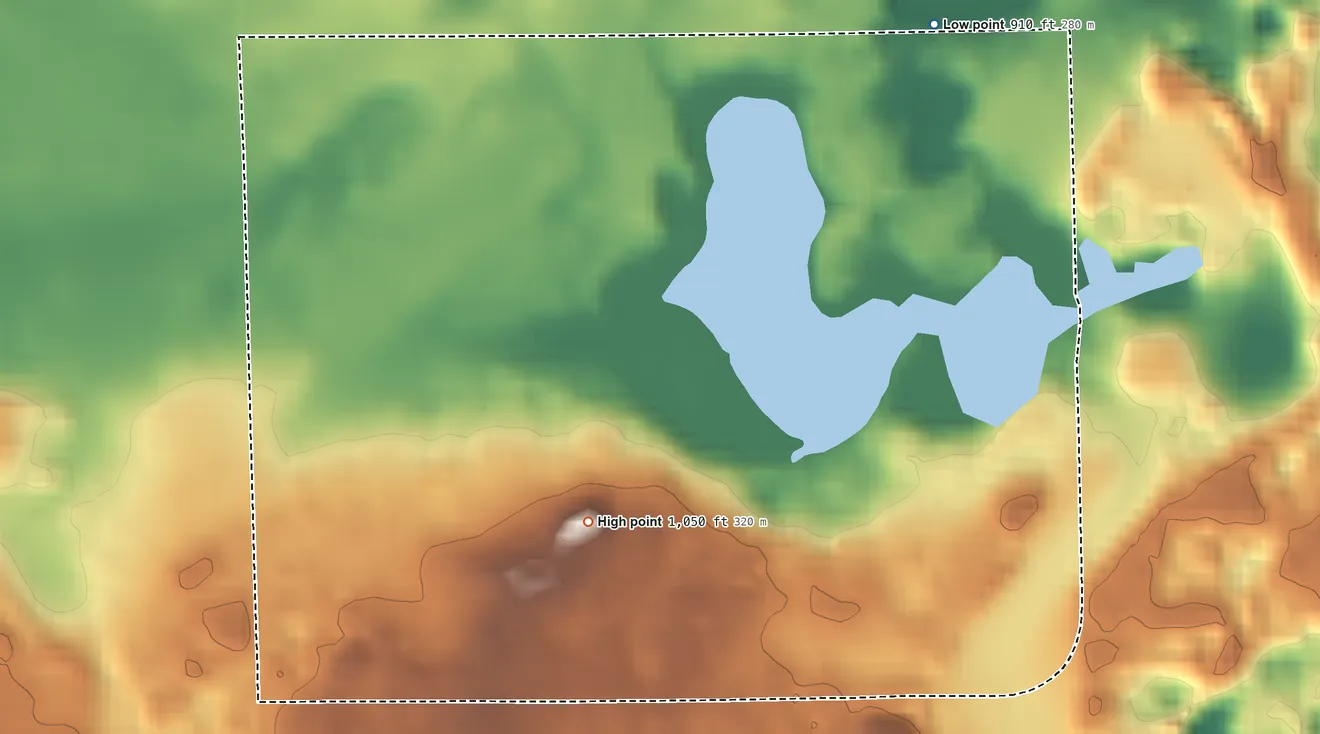 Topographic elevation map of Lake Lorraine, Wisconsin, shaded from 910 ft on the northeast side to 1,050 ft near the middle