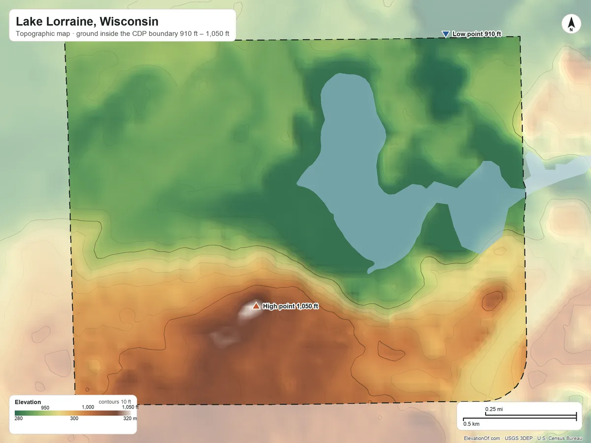 Topographic elevation map of Lake Lorraine, Wisconsin, shaded from 910 ft on the northeast side to 1,050 ft near the middle