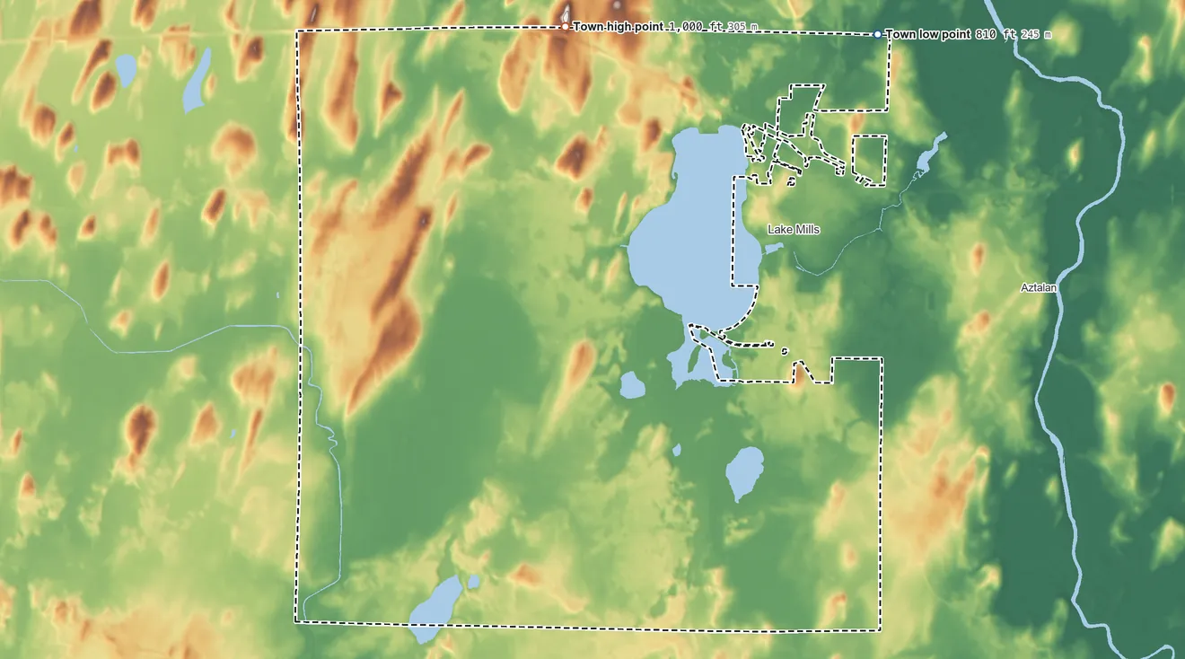 Topographic elevation map of Town of Lake Mills, Wisconsin, shaded from 810 ft on the northeast side to 1,000 ft on the north side