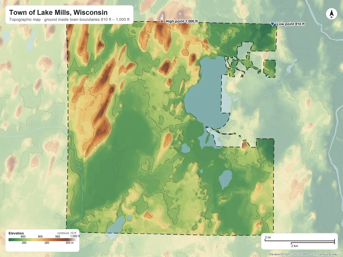 Topographic elevation map of Town of Lake Mills, Wisconsin, shaded from 810 ft on the northeast side to 1,000 ft on the north side