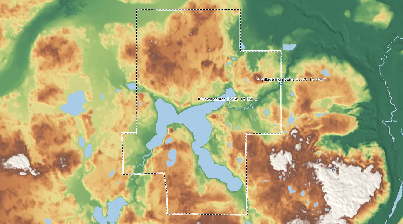 Topographic elevation map of Lake Nebagamon, Wisconsin, shaded from 1,100 ft on the east side to 1,220 ft on the east side