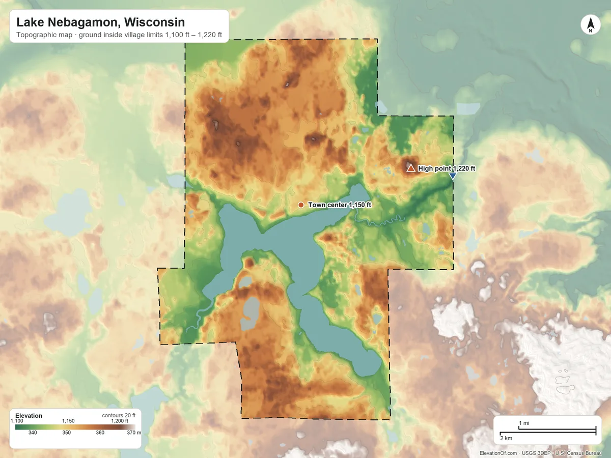 Topographic elevation map of Lake Nebagamon, Wisconsin, shaded from 1,100 ft on the east side to 1,220 ft on the east side