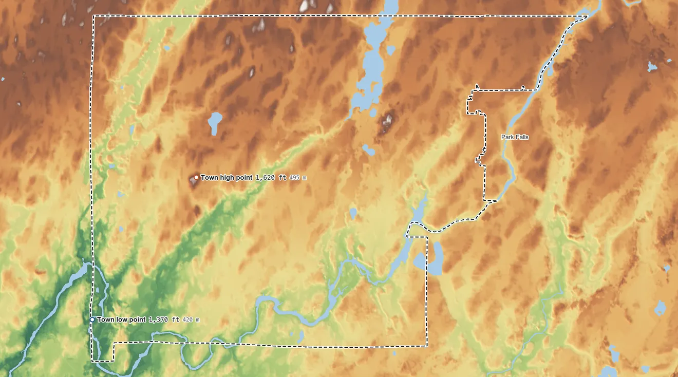 Topographic elevation map of Lake, Price County, Wisconsin, shaded from 1,370 ft on the southwest side to 1,620 ft on the west side