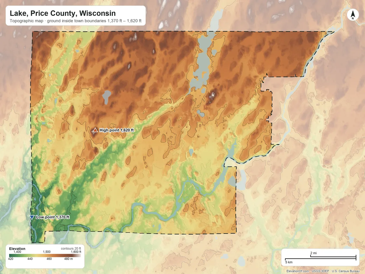 Topographic elevation map of Lake, Price County, Wisconsin, shaded from 1,370 ft on the southwest side to 1,620 ft on the west side