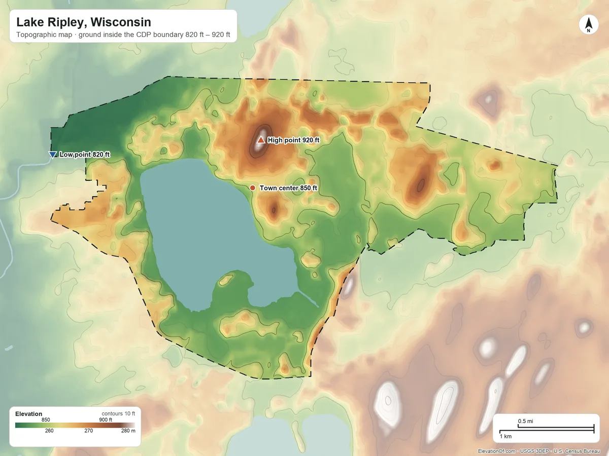 Topographic elevation map of Lake Ripley, Wisconsin, shaded from 820 ft on the west side to 920 ft near the middle