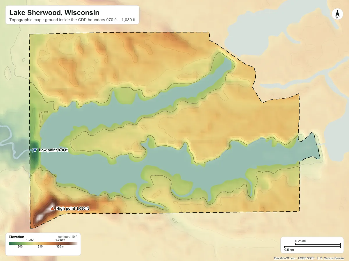 Topographic elevation map of Lake Sherwood, Wisconsin, shaded from 970 ft on the west side to 1,080 ft on the southwest side