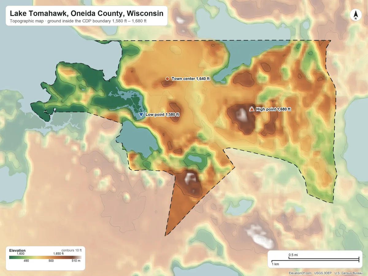 Topographic elevation map of Lake Tomahawk, Oneida County, Wisconsin, shaded from 1,580 ft on the southwest side to 1,680 ft on the east side