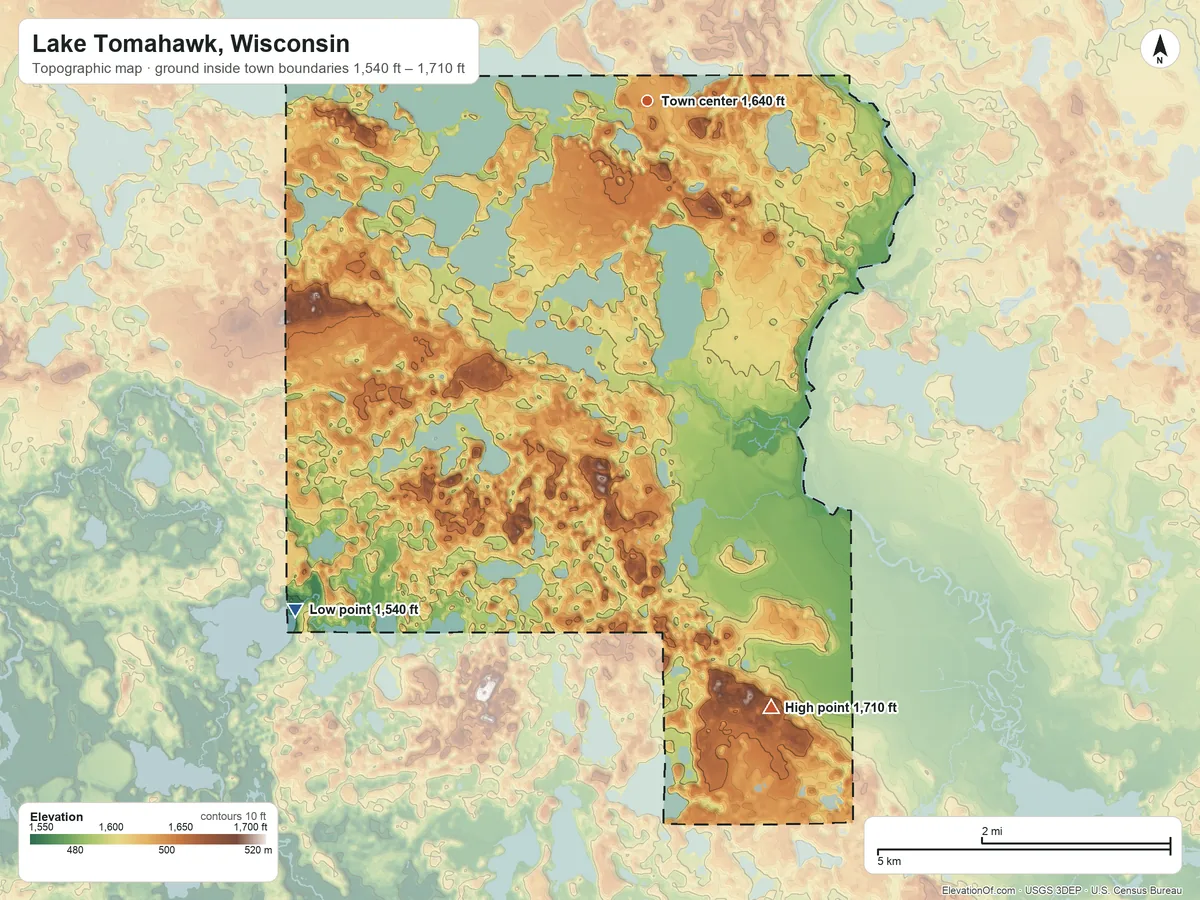 Topographic elevation map of Lake Tomahawk, Wisconsin, shaded from 1,540 ft on the southwest side to 1,710 ft on the south side