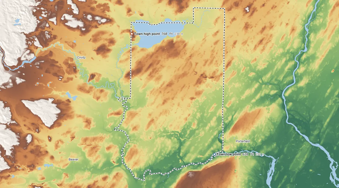 Topographic elevation map of Lake, Wisconsin, shaded from 620 ft on the southeast side to 760 ft on the northwest side