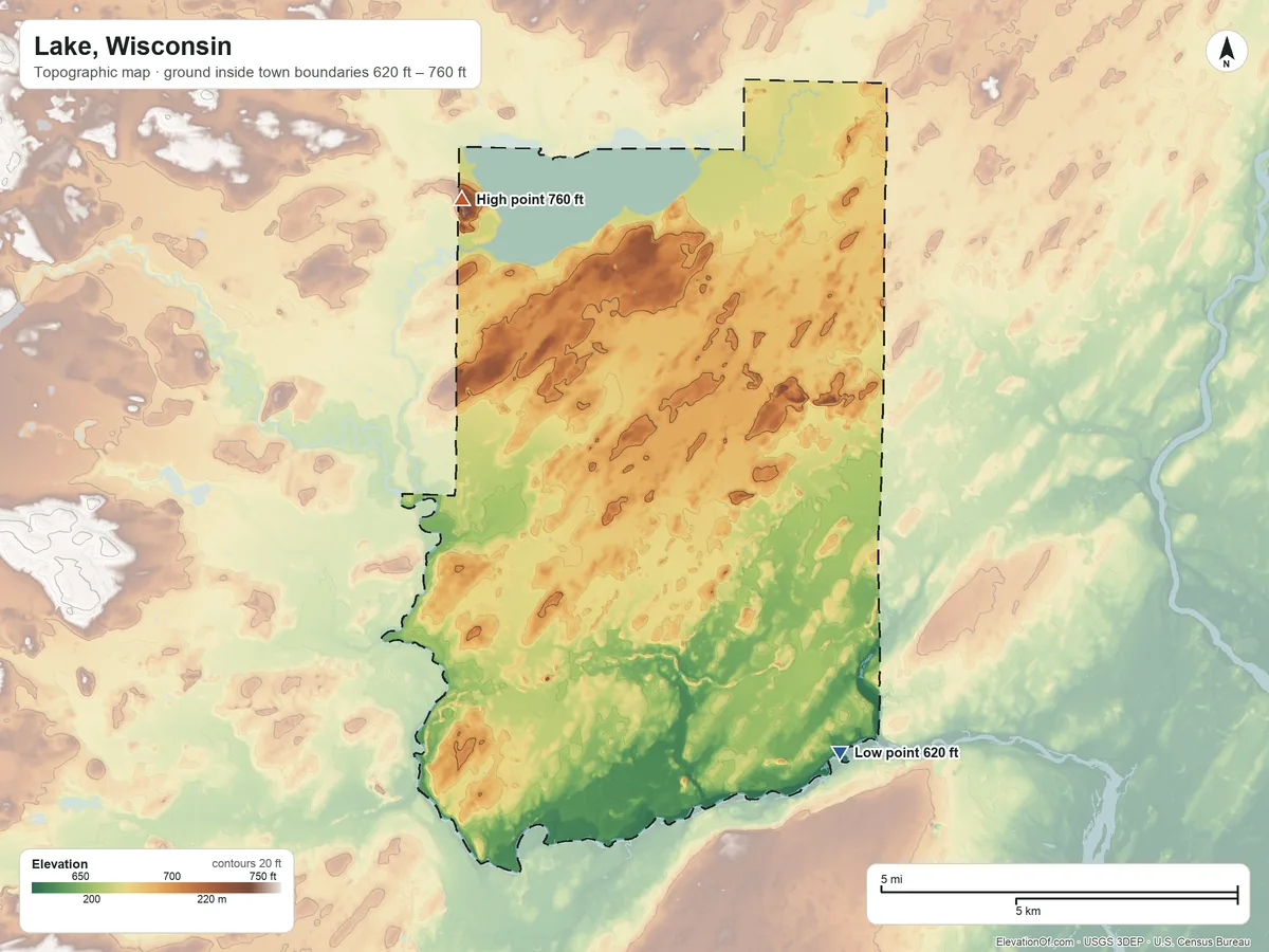 Topographic elevation map of Lake, Wisconsin, shaded from 620 ft on the southeast side to 760 ft on the northwest side