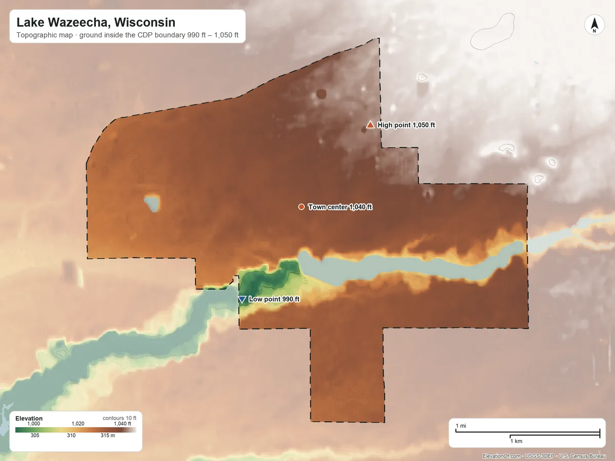 Topographic elevation map of Lake Wazeecha, Wisconsin, shaded from 990 ft on the southwest side to 1,050 ft on the northeast side