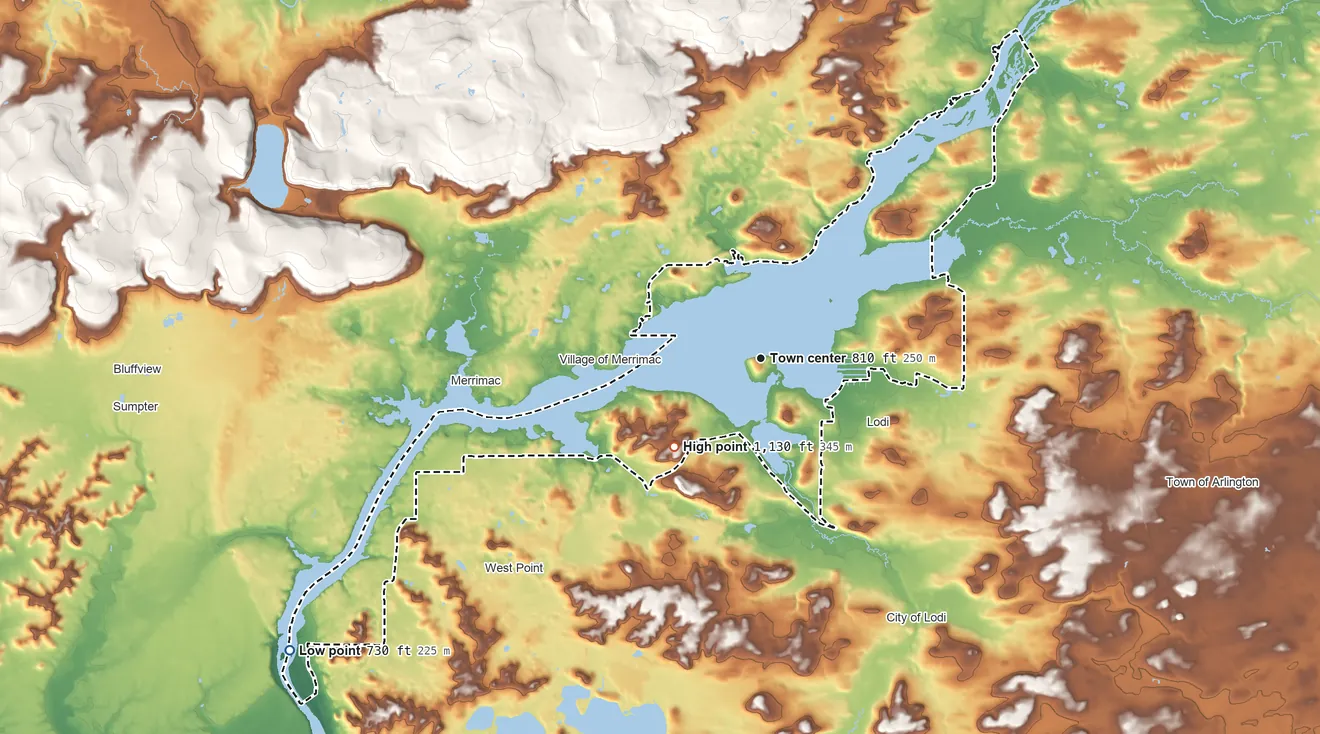 Topographic elevation map of Lake Wisconsin, Wisconsin, shaded from 730 ft on the southwest side to 1,130 ft on the southwest side