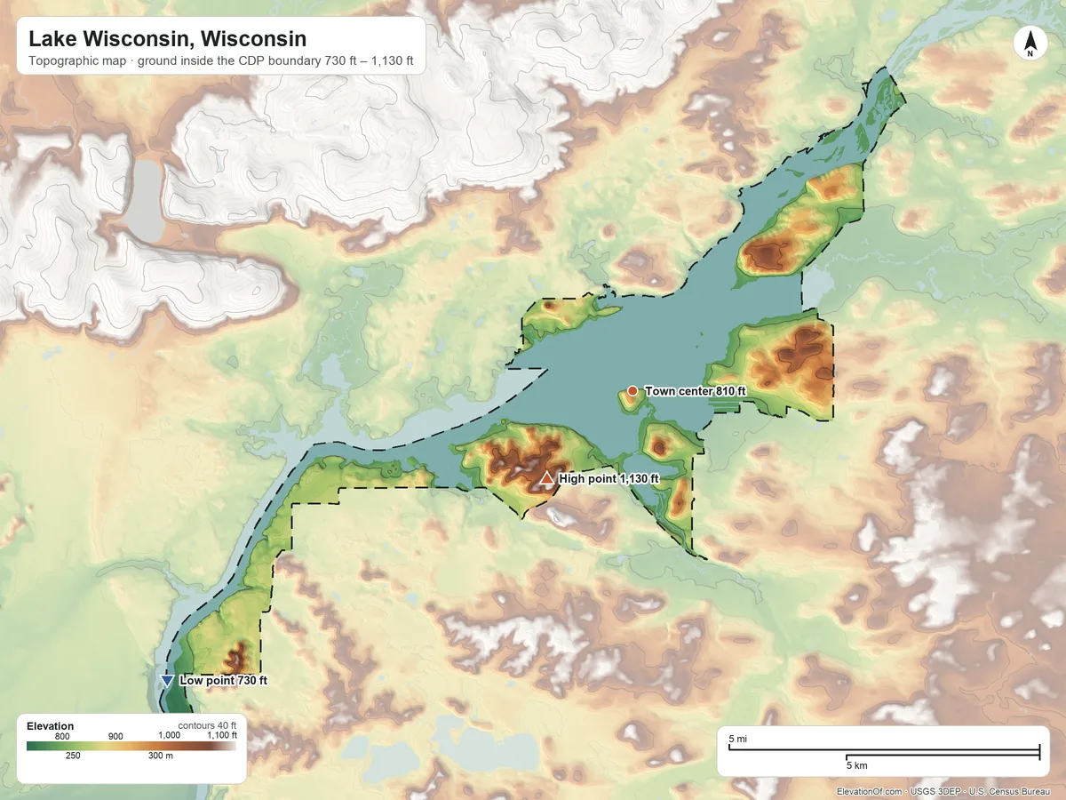 Topographic elevation map of Lake Wisconsin, Wisconsin, shaded from 730 ft on the southwest side to 1,130 ft on the southwest side