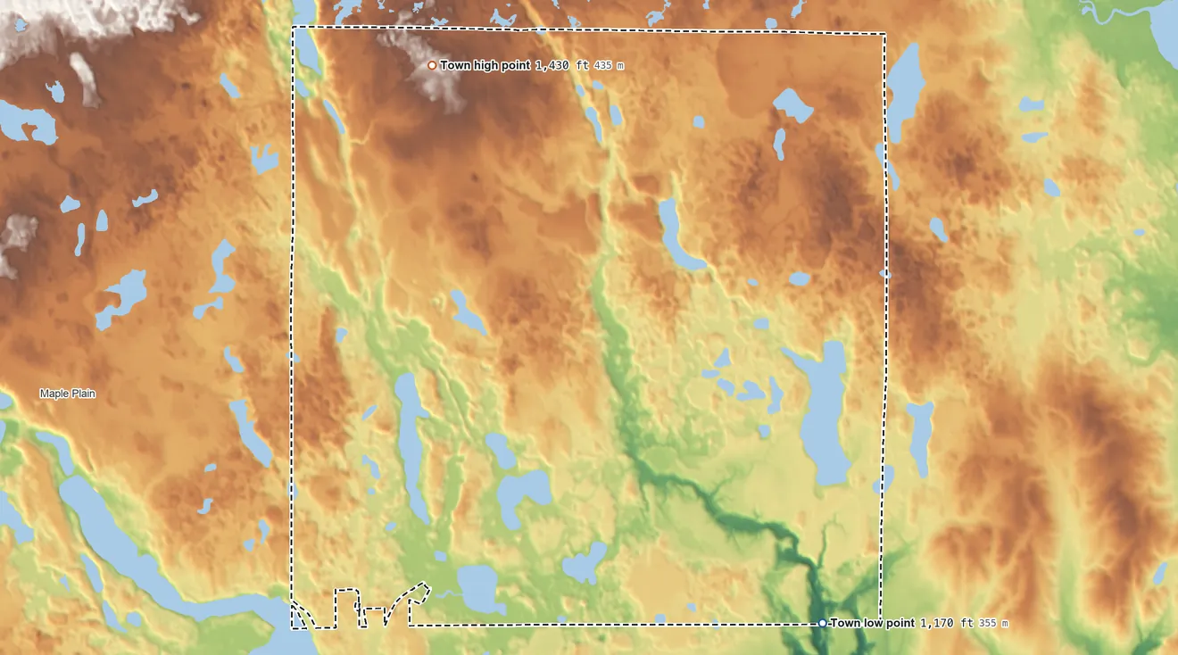 Topographic elevation map of Lakeland, Wisconsin, shaded from 1,170 ft on the southeast side to 1,430 ft on the north side
