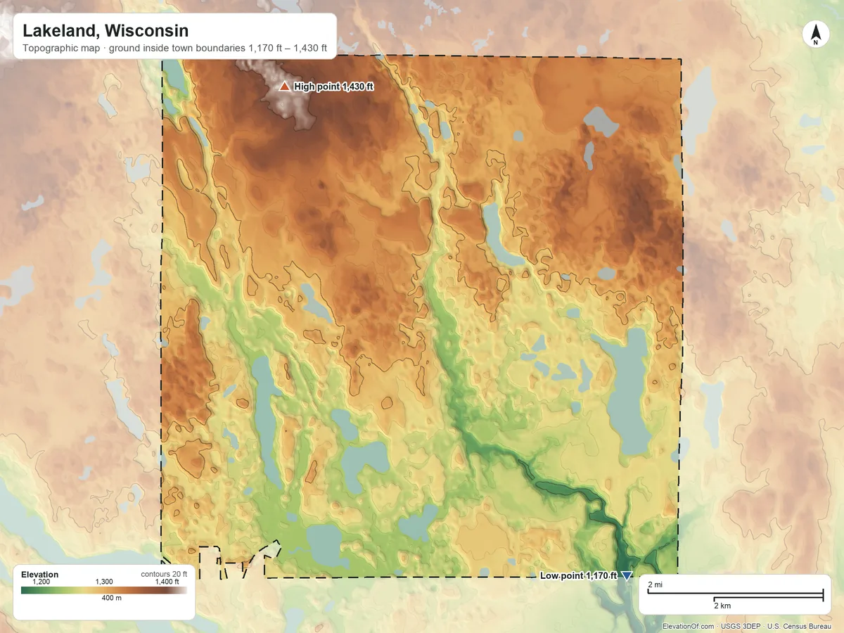 Topographic elevation map of Lakeland, Wisconsin, shaded from 1,170 ft on the southeast side to 1,430 ft on the north side