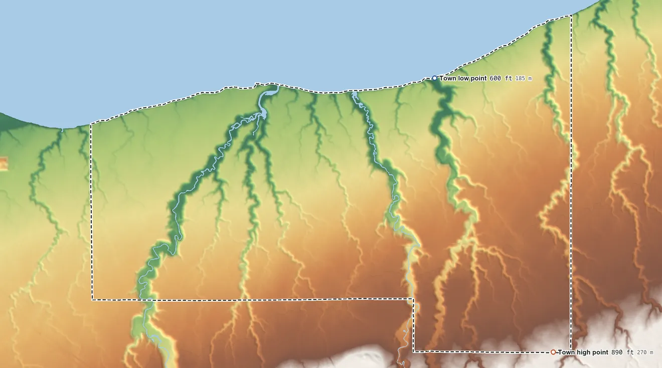 Topographic elevation map of Lakeside, Wisconsin, shaded from 600 ft on the northeast side to 890 ft on the southeast side