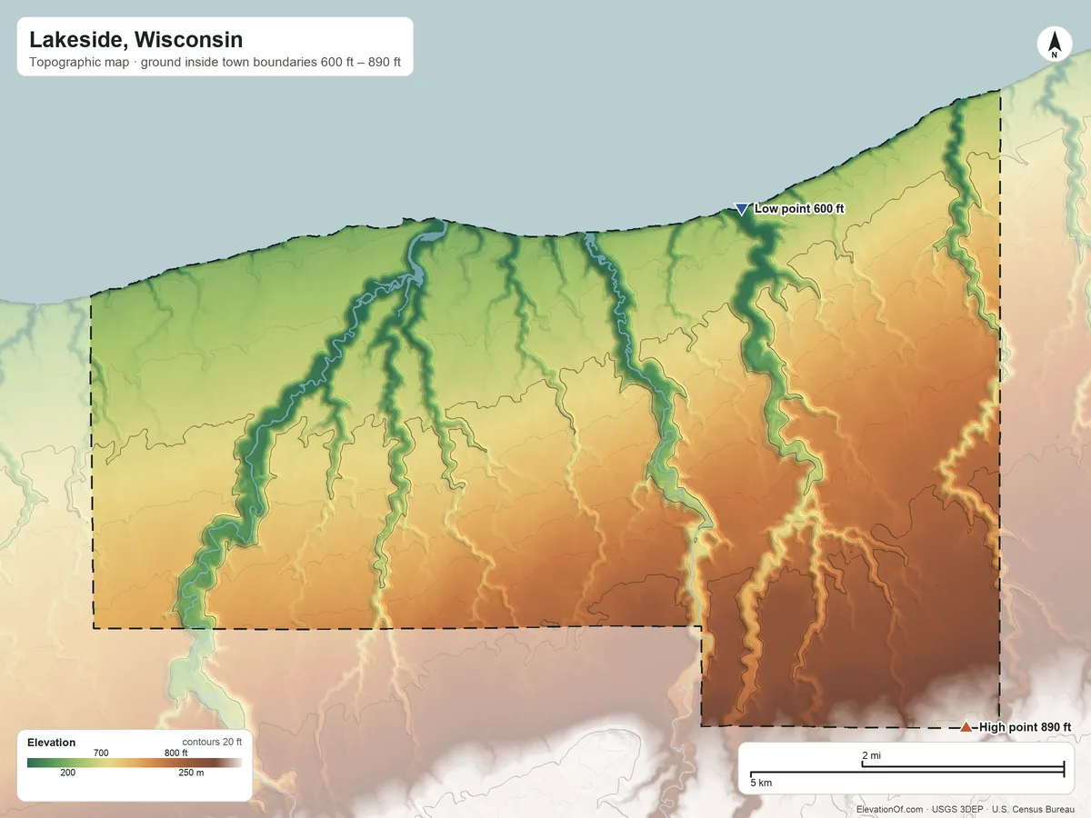 Topographic elevation map of Lakeside, Wisconsin, shaded from 600 ft on the northeast side to 890 ft on the southeast side