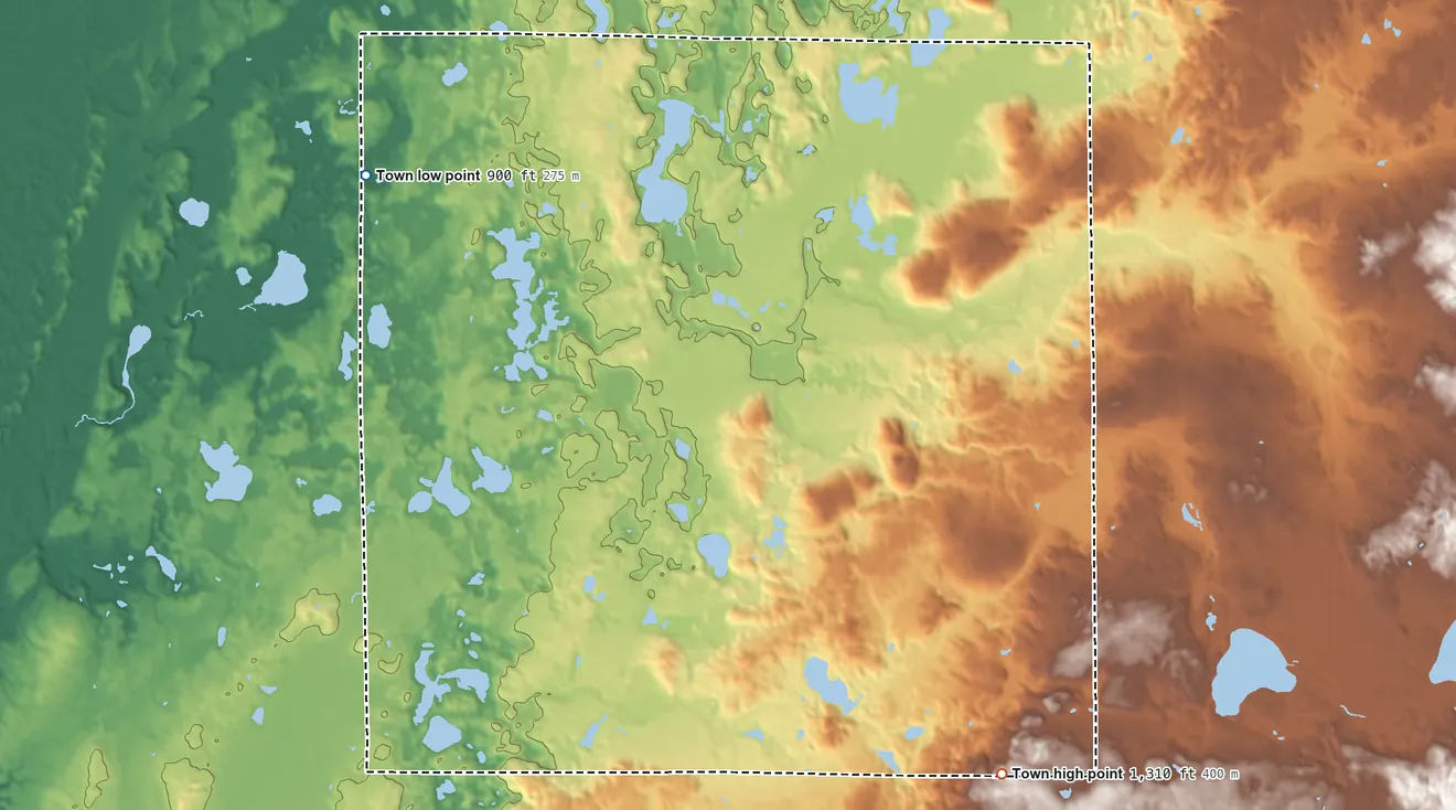 Topographic elevation map of Laketown, Wisconsin, shaded from 900 ft on the northwest side to 1,310 ft on the southeast side