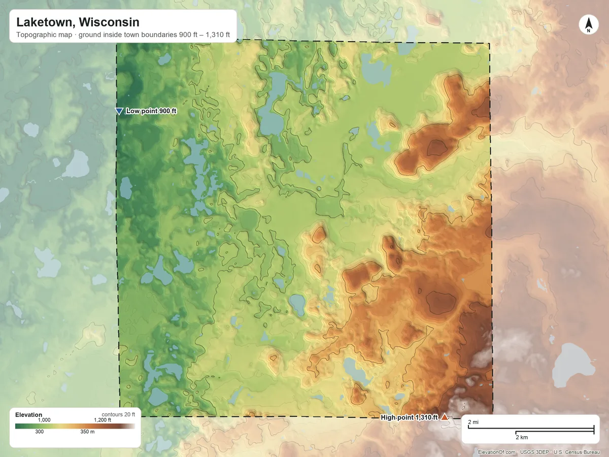 Topographic elevation map of Laketown, Wisconsin, shaded from 900 ft on the northwest side to 1,310 ft on the southeast side
