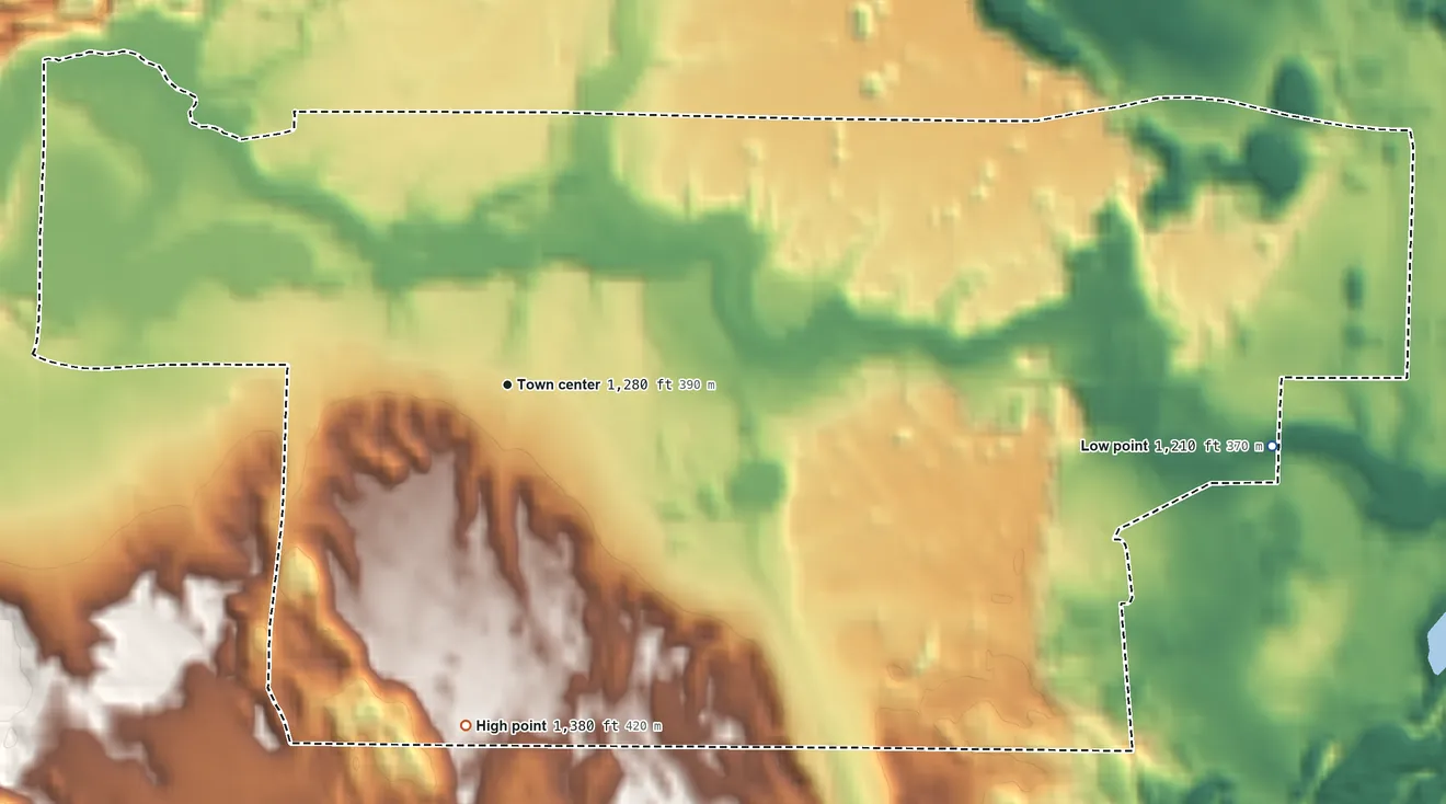 Topographic elevation map of Lakewood, Oconto County, Wisconsin, shaded from 1,210 ft on the east side to 1,380 ft on the south side
