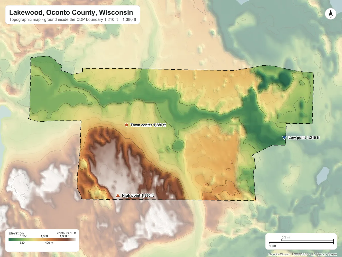 Topographic elevation map of Lakewood, Oconto County, Wisconsin, shaded from 1,210 ft on the east side to 1,380 ft on the south side