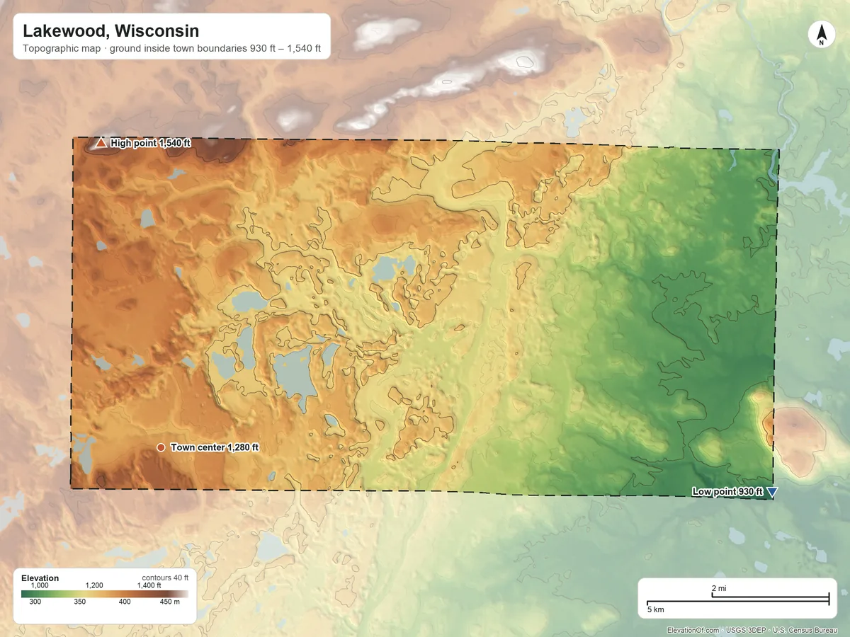 Topographic elevation map of Lakewood, Wisconsin, shaded from 930 ft on the east side to 1,540 ft on the north side