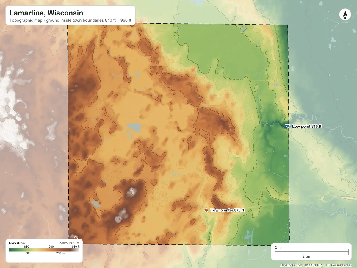 Topographic elevation map of Lamartine, Wisconsin, shaded from 810 ft on the northeast side to 960 ft on the west side