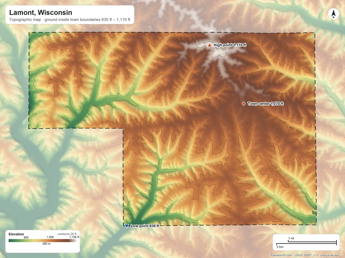 Topographic elevation map of Lamont, Wisconsin, shaded from 830 ft on the southwest side to 1,110 ft on the northwest side