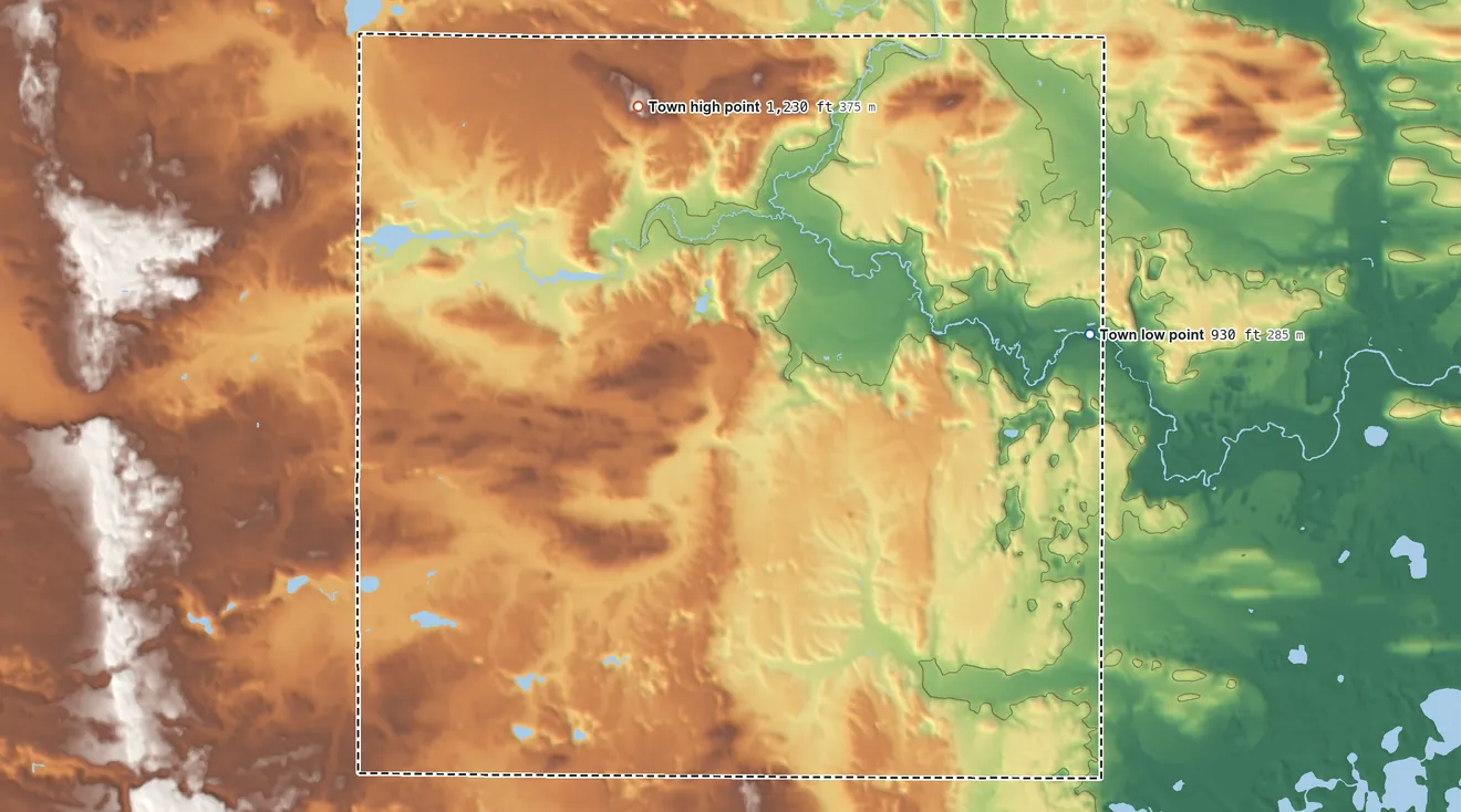 Topographic elevation map of Lanark, Wisconsin, shaded from 930 ft on the northeast side to 1,230 ft on the north side