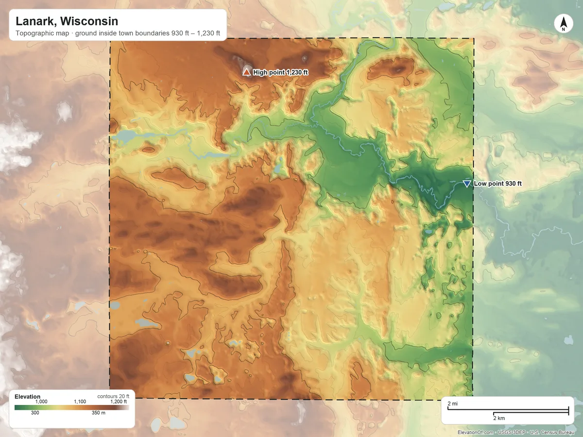 Topographic elevation map of Lanark, Wisconsin, shaded from 930 ft on the northeast side to 1,230 ft on the north side