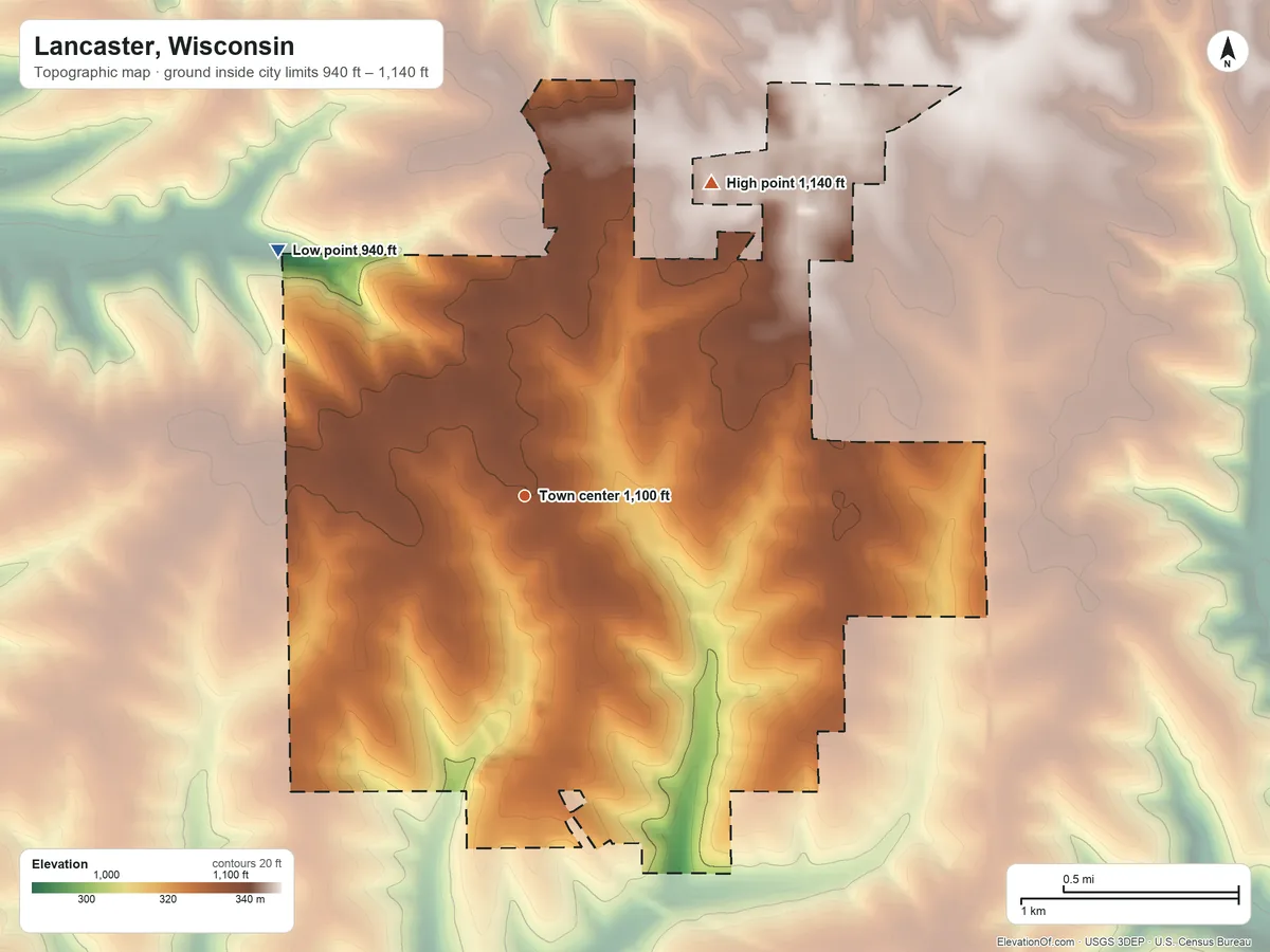 Topographic elevation map of Lancaster, Wisconsin, shaded from 940 ft on the northwest side to 1,140 ft on the northeast side