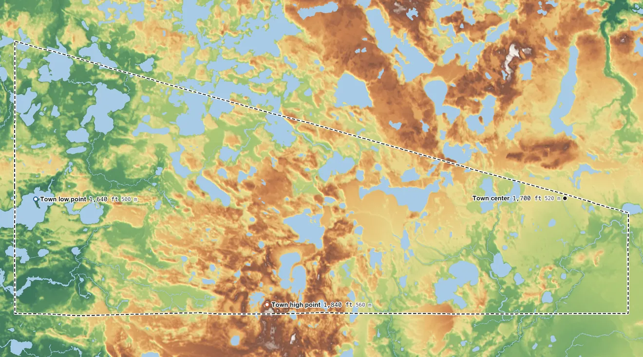 Topographic elevation map of Land O'Lakes, Wisconsin, shaded from 1,640 ft on the west side to 1,840 ft on the west side