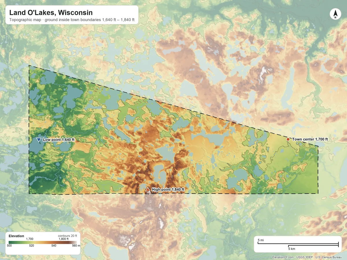 Topographic elevation map of Land O'Lakes, Wisconsin, shaded from 1,640 ft on the west side to 1,840 ft on the west side