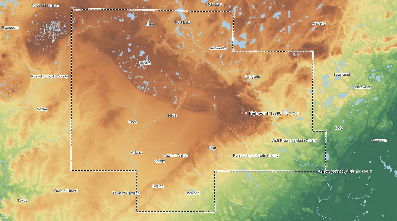 Topographic elevation map of Langlade County, Wisconsin, shaded from 1,060 ft on the southeast side to 1,890 ft on the east side