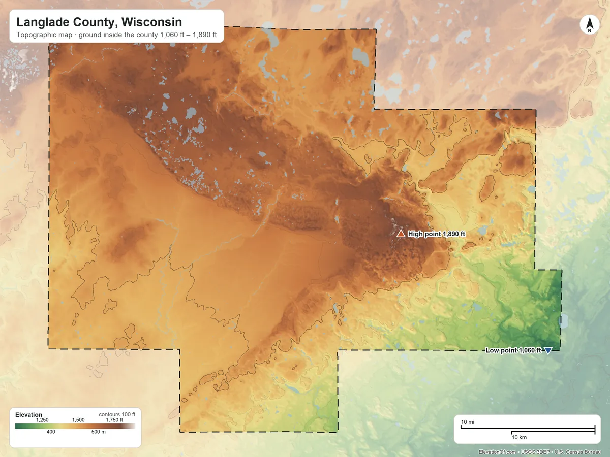 Topographic elevation map of Langlade County, Wisconsin, shaded from 1,060 ft on the southeast side to 1,890 ft on the east side