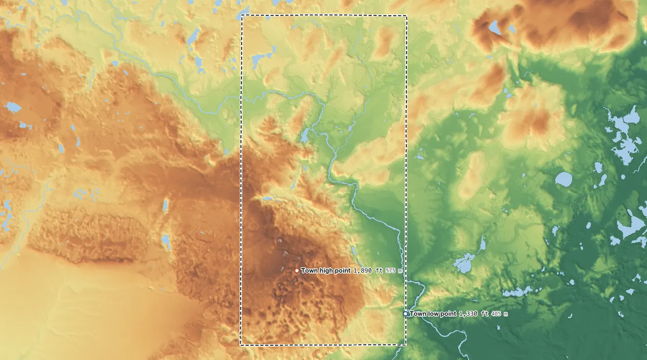 Topographic elevation map of Langlade, Wisconsin, shaded from 1,330 ft on the southeast side to 1,890 ft on the south side