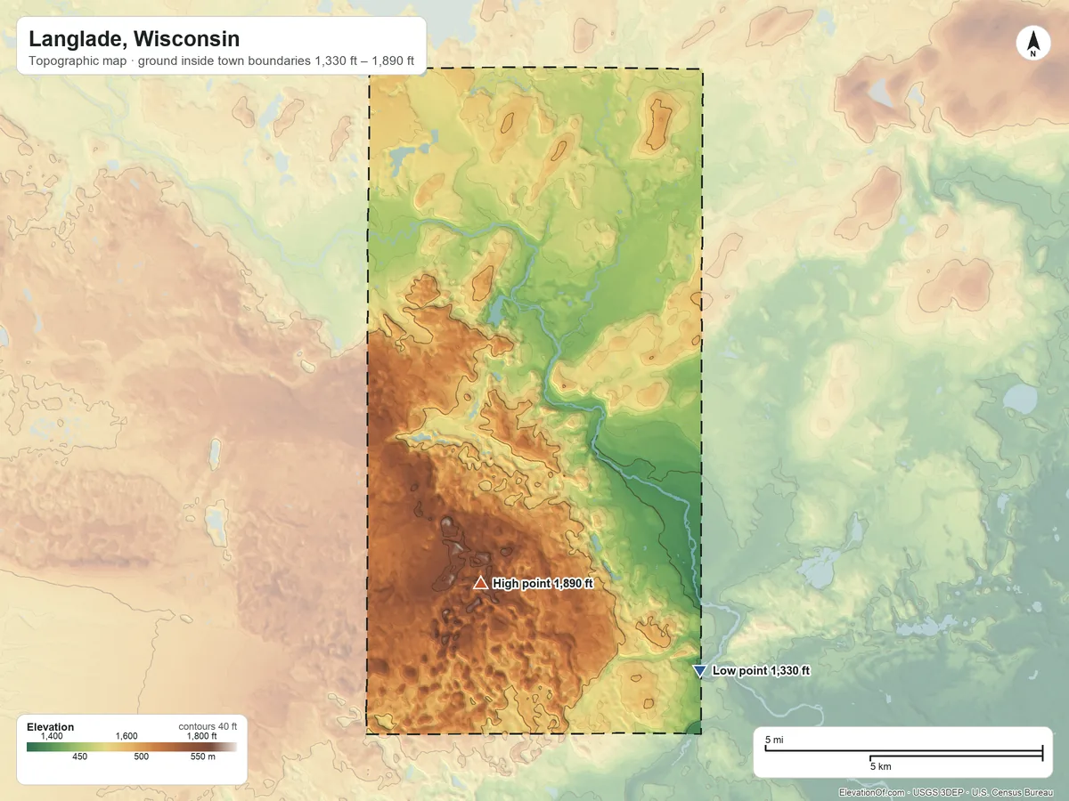 Topographic elevation map of Langlade, Wisconsin, shaded from 1,330 ft on the southeast side to 1,890 ft on the south side