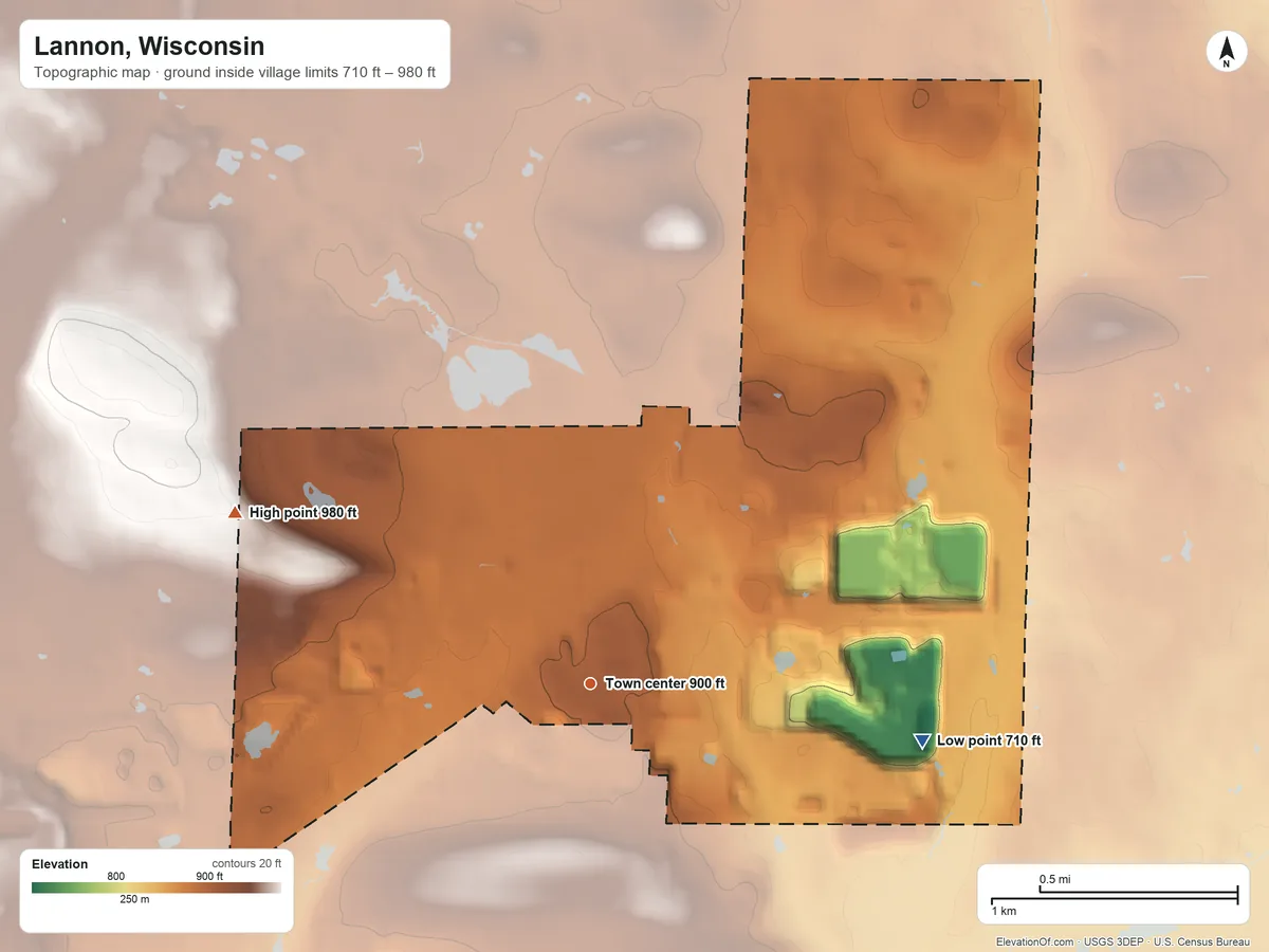 Topographic elevation map of Lannon, Wisconsin, shaded from 710 ft on the east side to 980 ft on the northwest side