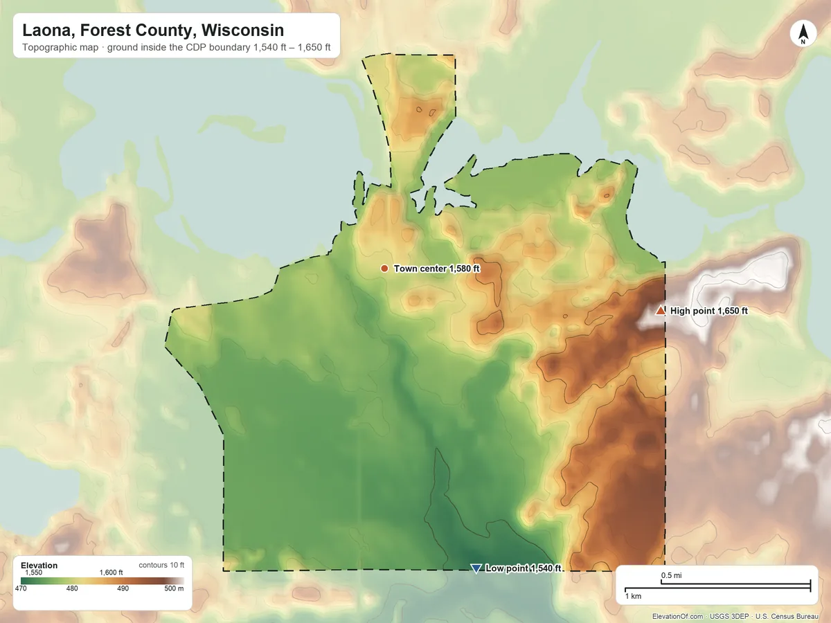 Topographic elevation map of Laona, Forest County, Wisconsin, shaded from 1,540 ft on the south side to 1,650 ft on the east side
