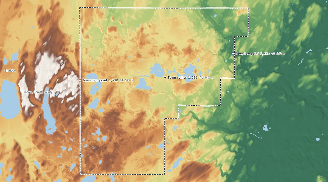 Topographic elevation map of Laona, Wisconsin, shaded from 1,440 ft on the east side to 1,790 ft on the west side