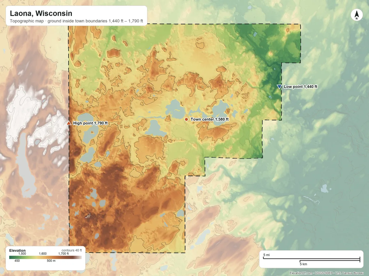 Topographic elevation map of Laona, Wisconsin, shaded from 1,440 ft on the east side to 1,790 ft on the west side